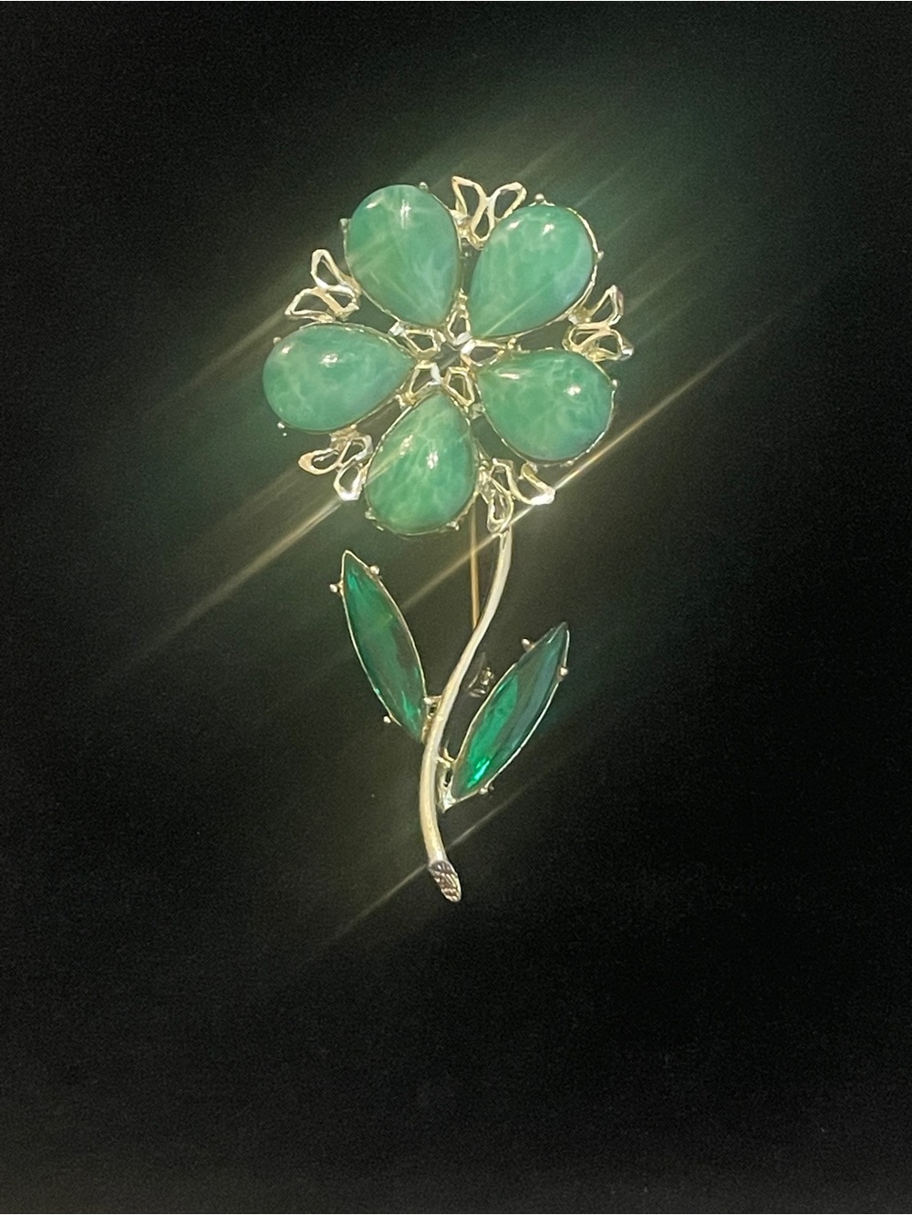 Extremely RARE Dodds flower brooch, 3” large jade stones! Gorgeous!  SIGNED.
